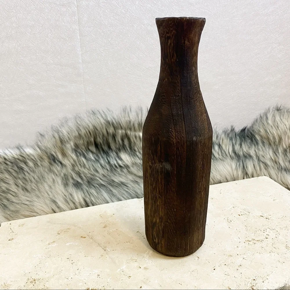 Charred Paulownia Wood Bottle Bud Vase Dark Brown Espresso Walnut Decor Natural